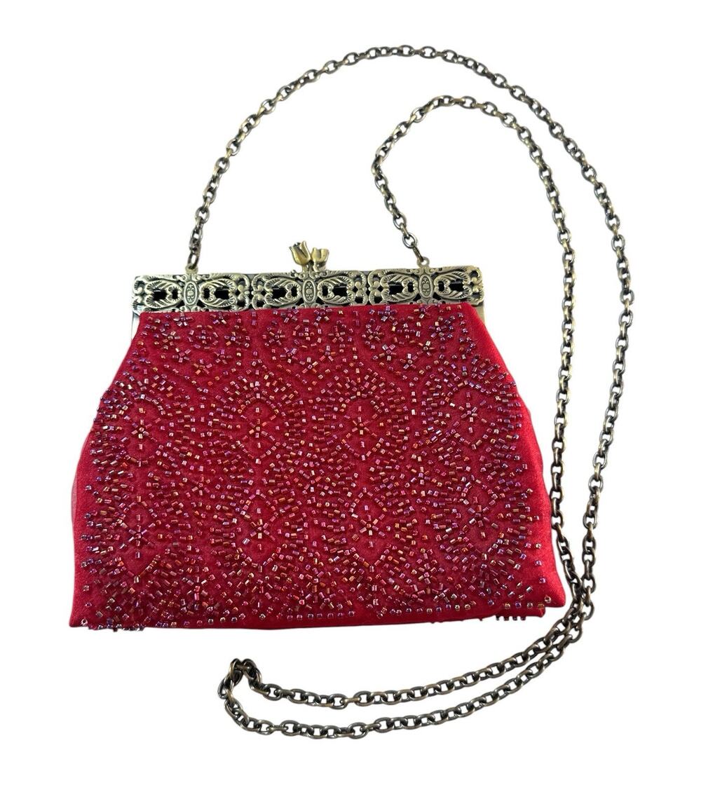 Inge Christopher Red Velvet Beaded Evening Bag Rose Clasp Chain Strap